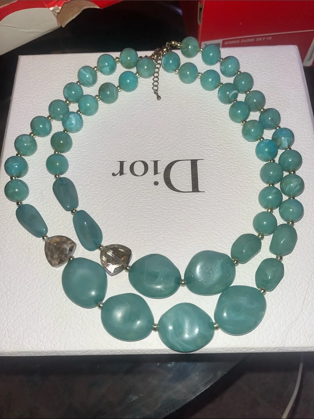 New Double Strand Natural Turquoise Stone Beads & Crystal Statement Necklace